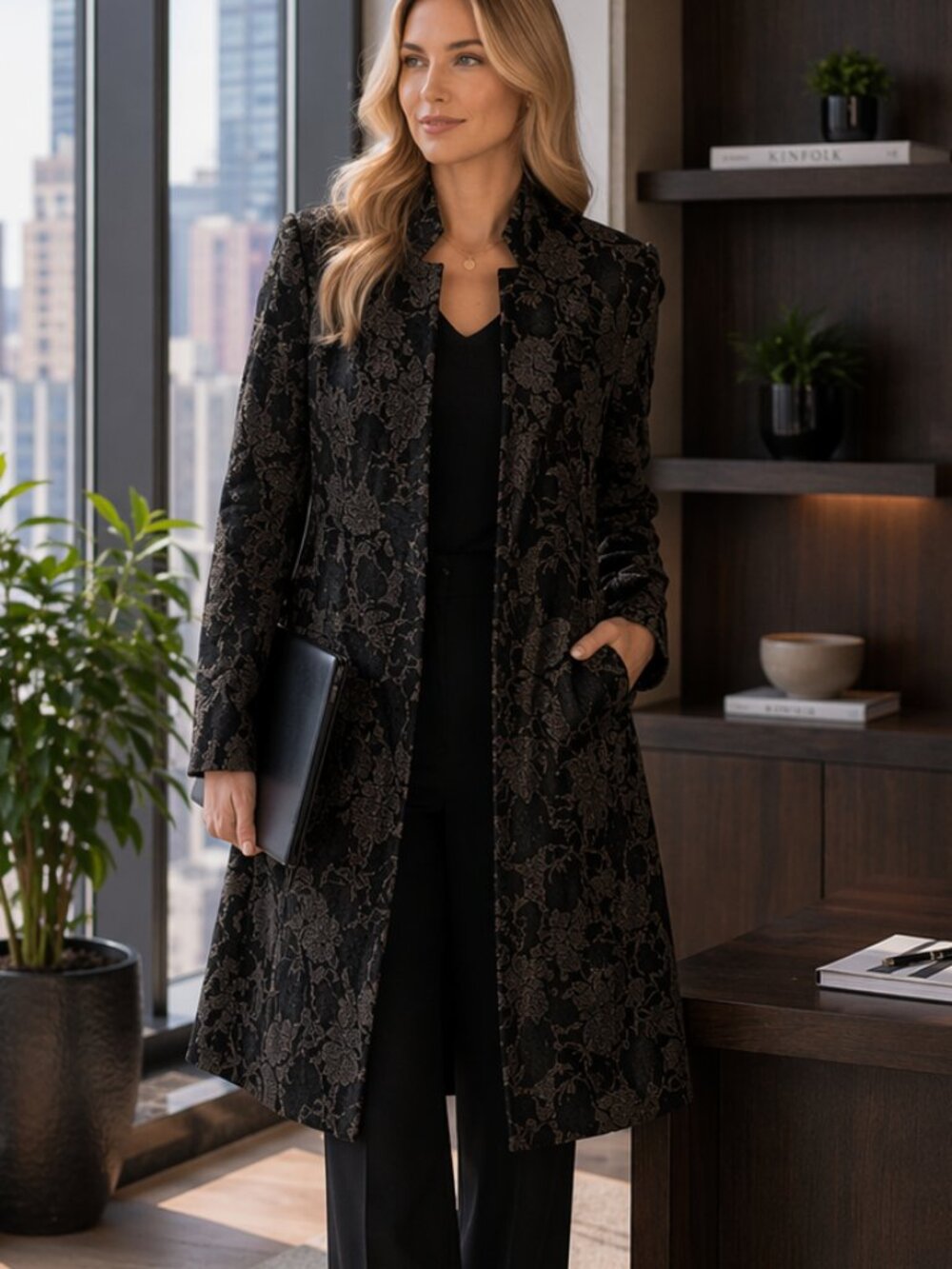 Stella Carakasi Black Lace Wool Blend Coat L | Elegant Luxury Trench Jacket